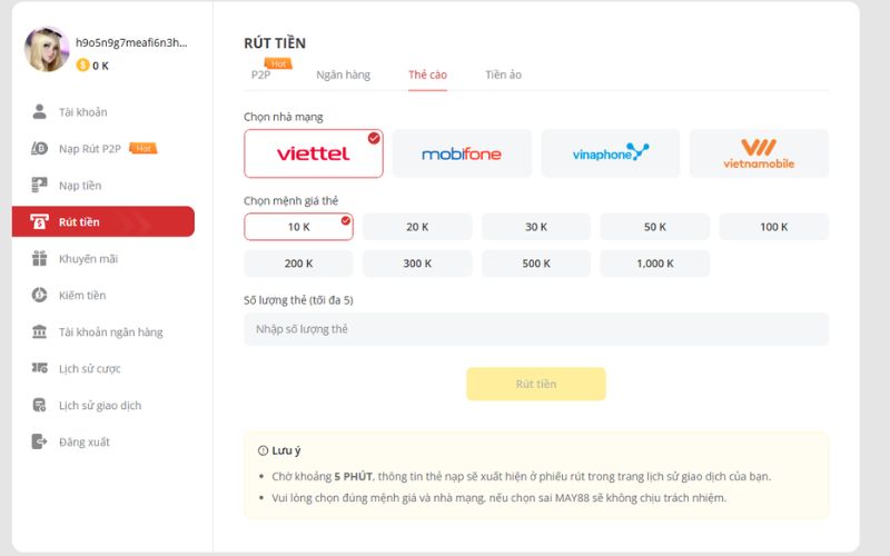 giao dịch rút tiền online